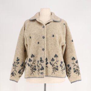 VINTAGE ALPS Fleece Button-Up Rustic Cozy Collared Jacket Cream Floral Size L